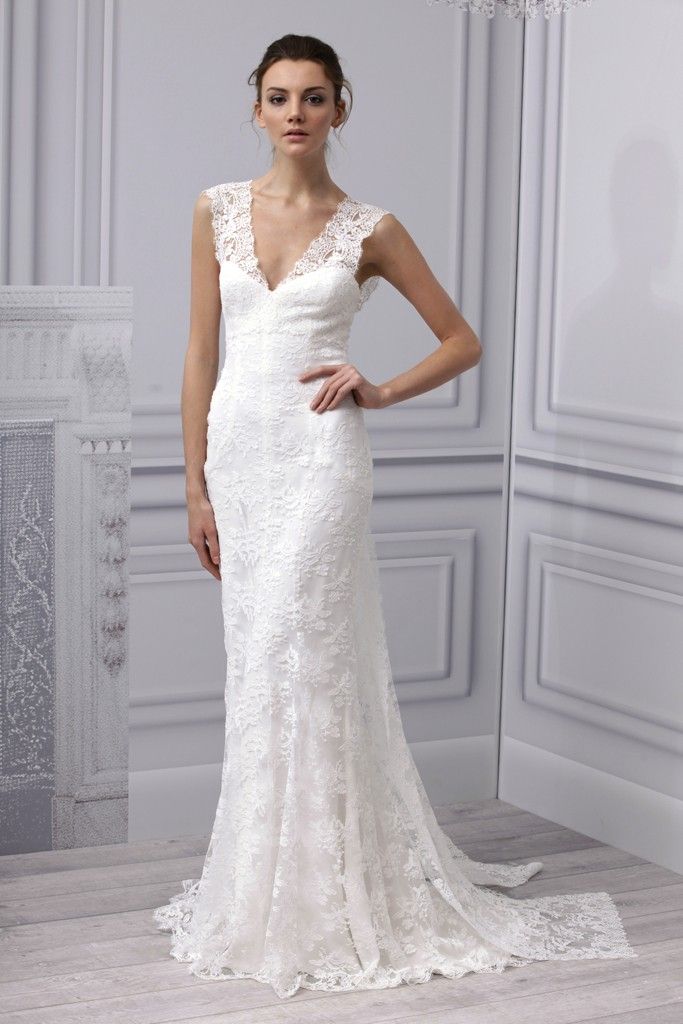 spring 2013 wedding dress monique lhuillier bridal-gown-simple-lace-v-neck