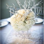 winter wonderland centerpiece with hydrangea roses and branches