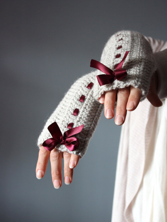 white fingerless mittens with naroon ribbon