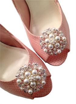 2 peach color Bridal Shoe Clips Pearl Crystal Rhinestone 2014