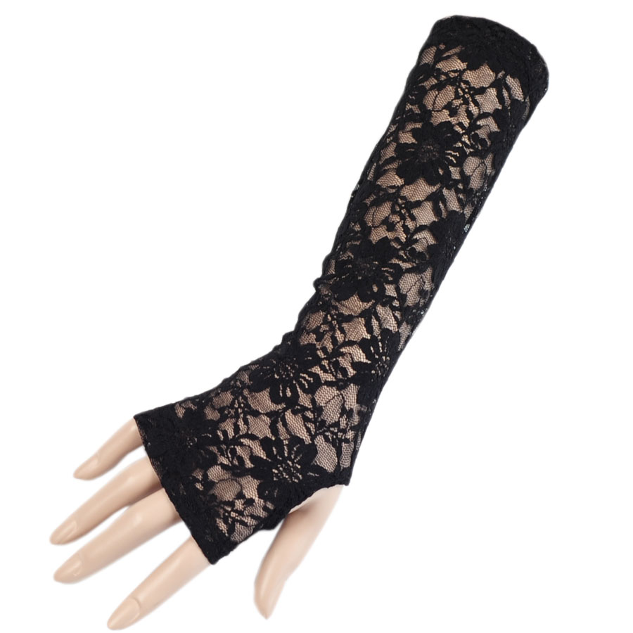 1 beautiful women wear Black Crochet Lace Gloves 2014