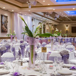 purple and white color wedding table decor