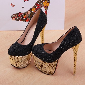 Studded Rhinestone bridal shoe in balck and golden color