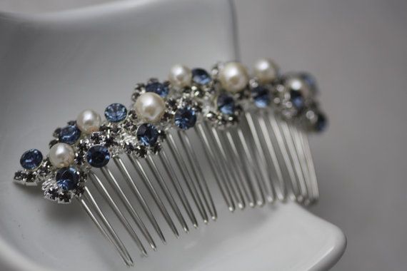 blue and white color bridal hair comb