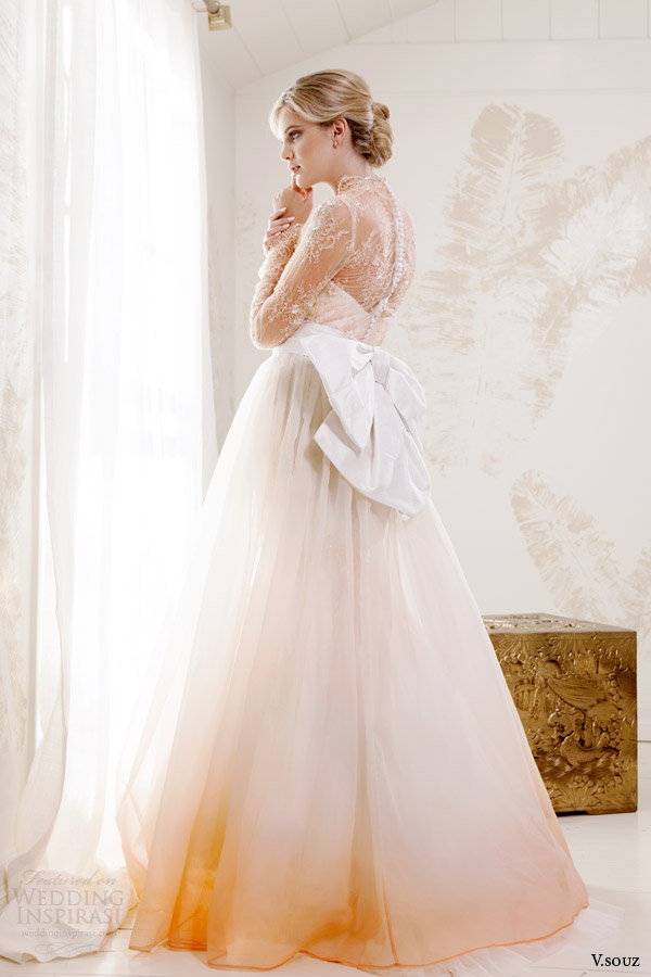 long sleeve peach lace wedding dress