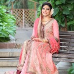 peach and silver color muslim women bridal dress