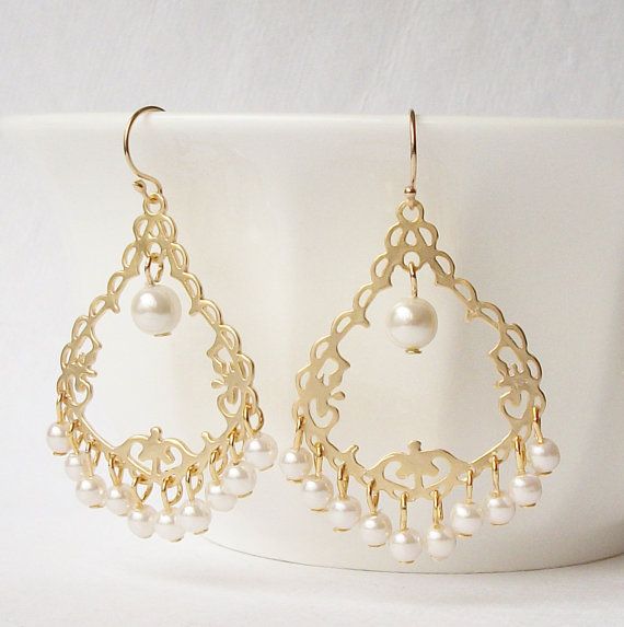 beautiful Gold Pearl Chandelier Earrings