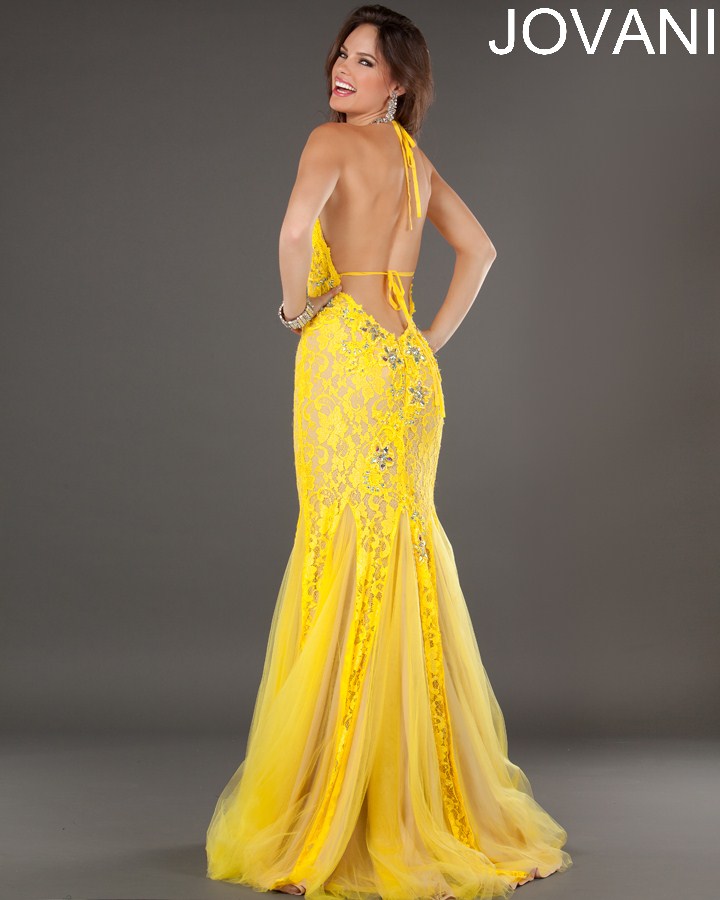 yellow lace prom dress with open back