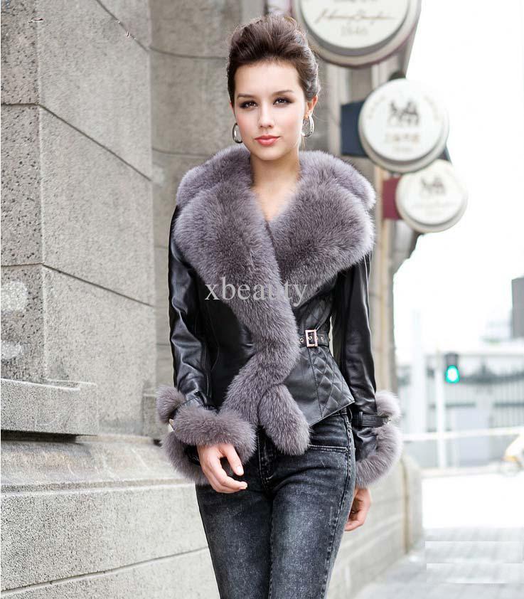 grey coat leather sleeves with fur collar collection