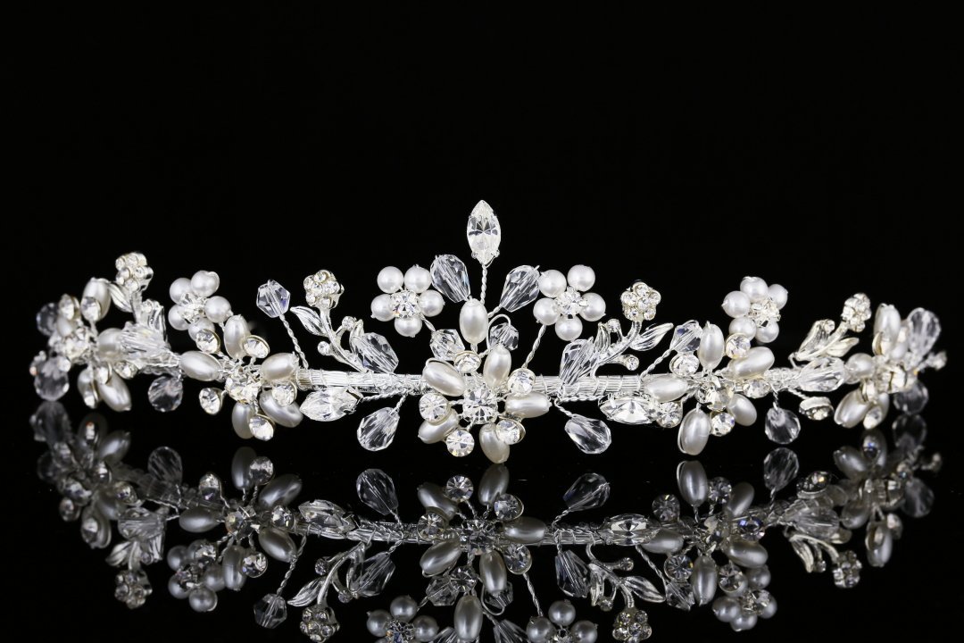 1 Silver Tiara with Metal and crystals and pearls