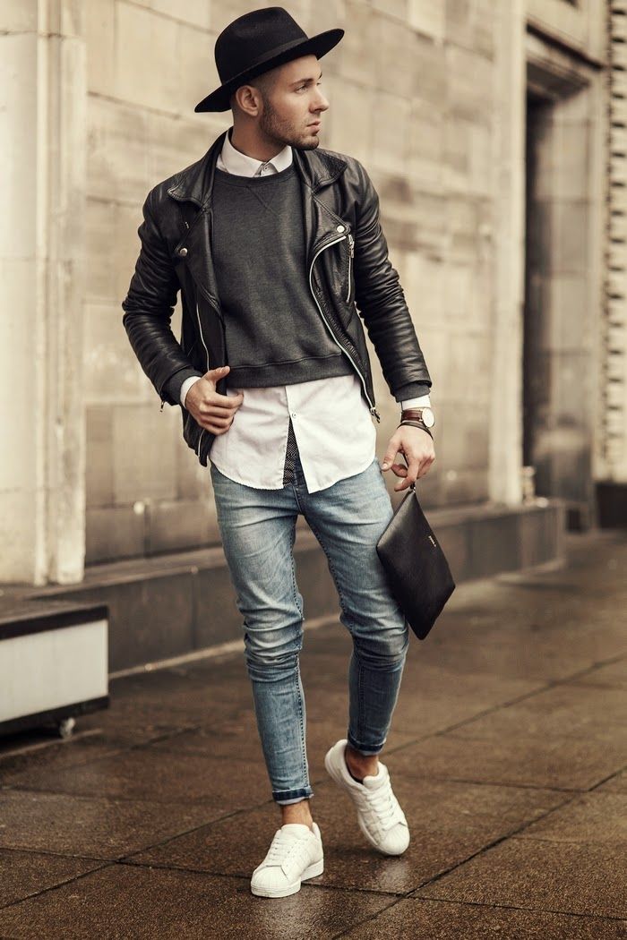 leather jecket with jeans and trendy glasses men streat style (4)