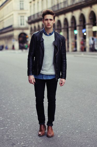 leather jecket with jeans and trendy glasses men streat style (6)