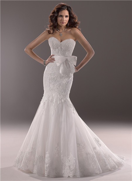 2 mermaid lace wedding dresses with bow alluirng sash (2)