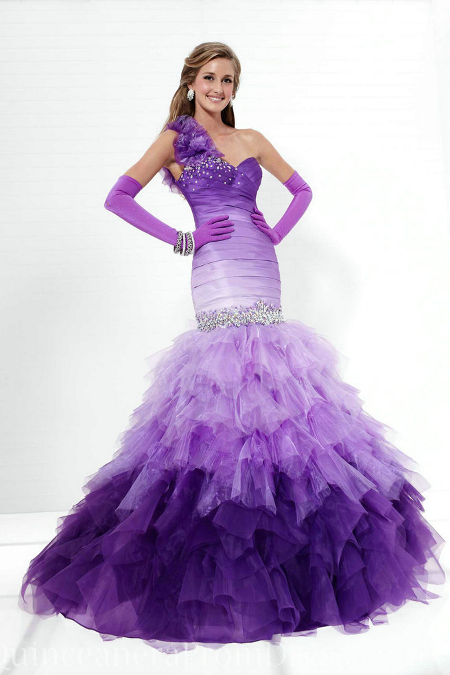 purple strapless wedding dress with one shoulder