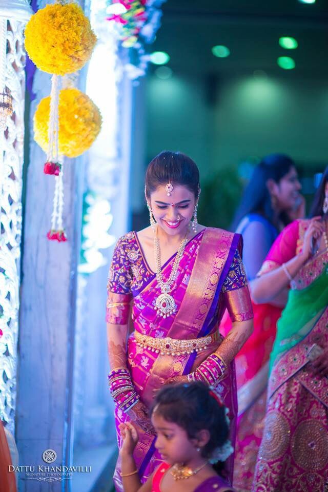 southern bridal saree with diamond jewelry