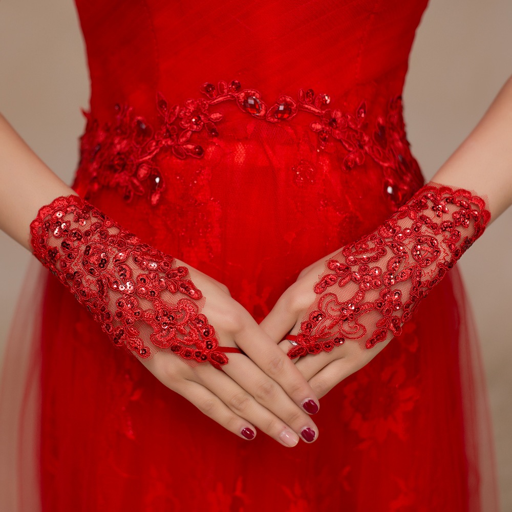 Beautiful Rings Red Flowers Beading Lace Wedding Gloves